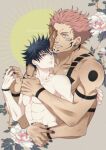  2boys abs arm_tattoo bangs black_nails chest_tattoo collarbone commentary_request couple cropped_torso evil_grin evil_smile extra_arms extra_eyes facial_tattoo fingernails flower fushiguro_megumi green_eyes grey_eyes grin highres holding_hands hug jujutsu_kaisen looking_at_viewer male_focus multiple_boys muscular muscular_male pectorals pink_hair ryoumen_sukuna_(jujutsu_kaisen) sato_zero915 short_hair shoulder_tattoo size_difference smile spiked_hair tattoo topless_male veins yaoi 
