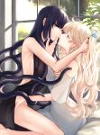  2girls albino albino_and_witch black_hair commentary_request finger_to_another&#039;s_mouth hand_under_clothes highres indoors light_particles long_hair majo_shuukai_de_aimashou mitsu_(tendou_itsuki) multiple_girls original red_eyes tentacles window yellow_eyes yuri 