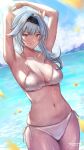  1girl armpits arms_up bare_arms bare_shoulders bikini black_hairband blue_hair blue_sky breasts cleavage cloud collarbone commentary cowboy_shot day dutch_angle eula_(genshin_impact) genshin_impact grin hairband highres large_breasts long_hair looking_at_viewer mugen_kageno ocean side-tie_bikini sky smile solo standing swimsuit water white_bikini yellow_eyes 
