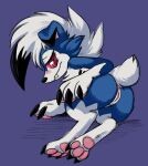  anthro anus blue_body blush butt female genitals hi_res looking_at_viewer lycanroc nintendo pawpads paws pok&eacute;mon pok&eacute;mon_(species) presenting presenting_hindquarters pussy raised_tail red_eyes solo thera traditional_media_(artwork) video_games 