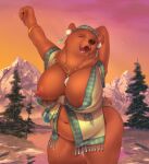  anthro big_breasts breasts brown_body brown_fur clothing crystal detailed_background digital_media_(artwork) eyes_closed female fur hi_res littlenapoleon mammal mountain navel nipples open_mouth outside overweight overweight_female plant solo star stretching sunrise tree ursid wardrobe_malfunction water 