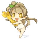  1girl bow brown_hair chibi dated full_body hair_bow long_hair looking_at_viewer love_live! love_live!_school_idol_project minami_kotori mota one_side_up open_mouth simple_background smile solo swimsuit white_background yellow_eyes 