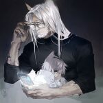  1boy adjusting_eyewear animal_ears arknights beard black_shirt character_request child eyelashes eyewear_strap facial_hair facing_to_the_side glasses grey_background grey_hair grey_nails hair_over_one_eye hand_up head_on_chest hellagur_(arknights) holding holding_phone leaning_on_person long_hair one_eye_covered phone reading satsiy scales shirt sleeping straight_hair tight tight_shirt toned toned_male upper_body veins white_hair white_shirt 