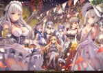  6+girls aerial_fireworks ahoge arm_up azur_lane bare_shoulders belfast_(azur_lane) black_choker black_dress blonde_hair blue_eyes blue_hair braid breasts chain choker cleavage closed_mouth clothing_cutout cowboy_shot crossed_legs crown detached_collar detached_sleeves dress elbow_gloves fireworks formidable_(azur_lane) garter_straps gloves grey_hair hair_ribbon hat highres illustrious_(azur_lane) javelin_(azur_lane) large_breasts layered_dress long_hair long_sleeves looking_at_viewer low_twintails maid maid_headdress multiple_girls official_art ponytail purple_hair queen_elizabeth_(azur_lane) red_eyes ribbon rodney_(azur_lane) rudder_footwear shoes short_dress shoulder_cutout sitting smile strapless strapless_dress sun_hat thighhighs tray twintails unicorn_(azur_lane) very_long_hair white_dress white_gloves white_hair white_thighhighs yuuki_yuu zettai_ryouiki 