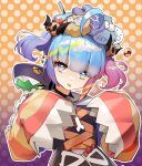  1girl absurdres bangs blue_hair bone chain duel_monster earclip gradient_hair green_hair grey_eyes hair_ornament highres lil-la_(yu-gi-oh!) live_twin_lil-la_treat long_sleeves multicolored_hair pink_hair prawnlunchset purple_hair sleeves_past_fingers sleeves_past_wrists solo tongue tongue_out two_side_up upper_body wide_sleeves yu-gi-oh! 