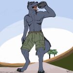  4_toes blue_body blue_fur bottomwear canid canine canis cargo_shorts clothing drinking feet fur hi_res invalid_tag male mammal mouth_shot open_mouth shorts smile solo summer swallowing toes tongue water wolf wolfywetfurr_(artist) 