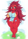  2022 5_fingers anthro apron apron_only big_breasts breasts cleavage clothed clothing female fingers flaky_(htf) flower grass hair happy_tree_friends hi_res ichig8miruku_(artist) long_hair mammal mostly_nude multicolored_body plant porcupine red_body red_hair rodent smile solo standing tan_body thick_thighs two_tone_body wide_hips 