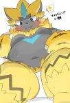  &lt;3 2022 anthro black_nose blue_body blue_eyes blue_fur blush bodily_fluids breasts cheek_tuft chest_tuft claws clothing emanata facial_tuft featureless_breasts female fur grey_body grey_fur japanese_text leg_tuft legendary_pok&eacute;mon looking_down_at_self multicolored_body multicolored_fur navel nintendo overweight overweight_female pictographics pok&eacute;mon pok&eacute;mon_(species) rokacake simple_background sitting smile solo speech_bubble sweat text tuft underwear video_games white_background yellow_body yellow_fur zeraora 