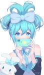  1girl 1other absurdres black_sleeves blue_bow blue_eyes blue_hair blue_necktie bow cellphone cinnamiku cinnamoroll commentary detached_sleeves folded_twintails frilled_shirt frilled_sleeves frills hair_bow hatsune_miku highres holding holding_phone long_hair long_sleeves looking_at_viewer necktie phone sanrio shiny shiny_hair shiny_skin shirt signature simple_background sleeveless sleeveless_shirt smartphone star-shaped_pupils star_(symbol) symbol-shaped_pupils tied_ears twintails upper_body vocaloid w-t white_background white_shirt 
