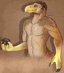  anthro beak black_claws brown_background brown_body brown_scales brown_spikes claws featureless_crotch finger_claws gloves_(marking) head_spikes imperatorcaesar looking_at_viewer male markings mouth_closed navel orange_eyes red_sclera scales signature simple_background solo spikes spikes_(anatomy) tan_body tan_scales yellow_beak 