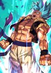  1boy aura bangs black_vest blue_eyes blue_hair blue_sash clenched_hands cropped_legs dragon_ball dragon_ball_super dragon_ball_super_broly gogeta hungry_clicker male_focus muscular open_mouth pants sash solo spiked_hair super_saiyan super_saiyan_blue vest white_pants wristband 