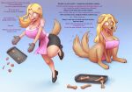  &lt;3 &lt;3_eyes 2022 anthro big_breasts blonde_hair breasts brown_body brown_fur canid canine canis cookie dialogue digital_media_(artwork) domestic_dog dropping_object english_text female food fur hair hi_res human human_to_anthro mammal mind_control pink_apron reality_change semi-anthro simple_background sitting solo species_transformation surprise tail_motion tailwag text tongue tongue_out transformation zorym 