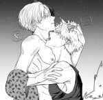  2boys bakugou_katsuki black_tank_top boku_no_hero_academia dukak greyscale heart licking licking_neck male_focus monochrome multicolored_hair multiple_boys nipples speech_bubble split-color_hair spoken_heart tank_top todoroki_shouto tongue tongue_out topless_male yaoi 