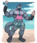  abs anthro beach bodily_fluids dessert equid equine flasker food hi_res ice_cream looking_at_viewer male mammal muscular muscular_anthro muscular_male nipple_piercing nipples pecs piercing seaside solo sweat 