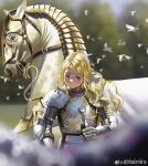  1girl absurdres armor barding bird blonde_hair blurry blurry_background blurry_foreground closed_mouth curly_hair dove fang_fengzheng_de_danche head_down highres holding holding_sword holding_weapon horse knight long_hair long_sword looking_at_viewer meadow original outdoors purple_eyes smile sunlight sword tree upper_body weapon white_dove white_horse 