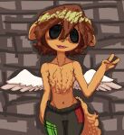  ambiguous_gender anthro black_eyes brown_hair chest_fur chest_tuft clothed clothing commonbleat fangs feathered_wings feathers fur gesture hair kemono lack_clothing orange_body orange_fur simple_background solo topless topless_anthro tuft unknown_species v_sign wings 