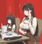  ... 2girls absurdres after_meal biting black_thighhighs bow bowtie breasts brown_bow brown_bowtie brown_hair brown_skirt chair clenched_teeth closed_mouth collared_shirt drinking_straw eyelashes glass hair_ornament hairclip hand_on_hip hand_on_own_chest hand_on_own_stomach highres jun_(seojh1029) large_breasts legs_together lip_biting long_hair long_sleeves looking_at_another miniskirt multiple_girls orange_eyes original red_background scowl shirt siblings simple_background sisters sitting skirt spoken_ellipsis stomach_ache stomach_growling straight_hair striped striped_background suspender_skirt suspenders sweatdrop table teeth thighhighs thighs tray weibo_logo weibo_username white_shirt wing_collar wrapper zettai_ryouiki 