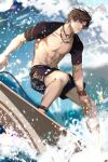  1boy abs artem_wing_(tears_of_themis) artist_name bangs blue_eyes brown_hair highres jewelry male_focus male_swimwear muscular muscular_male navel necklace open_mouth outdoors short_hair short_sleeves signature solo standing surfboard surfing swim_trunks tang_xinzi tears_of_themis water waves 