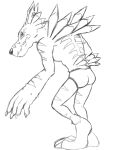  anthro bandai_namco barefoot black_and_white briefs butt claws clothed clothing digimon digimon_(species) ear_piercing ear_ring feet male monochrome piercing ring_piercing simple_background sketch solo thegreatmatsutzu topless underwear weregarurumon white_background 