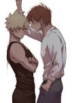  2boys against_wall akimoto_28 arm_up bakugou_katsuki black_pants black_tank_top blonde_hair blush boku_no_hero_academia burn_scar closed_mouth commentary cowboy_shot crossed_arms english_commentary from_side hand_in_pocket highres kabedon long_sleeves looking_at_another male_focus multiple_boys pants red_eyes red_hair scar scar_on_face shirt short_hair simple_background spiked_hair standing tank_top todoroki_shouto white_background white_shirt yaoi 