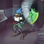  2022 3_toes 4_fingers anthro armor avian axe beak berdly bird blue_body book claws daknaneko deltarune digital_media_(artwork) eyewear feet fingers glasses hi_res holding_object holding_weapon looking_at_viewer male melee_weapon scarf smile solo standing toe_claws toes tornado undertale_(series) video_games weapon 