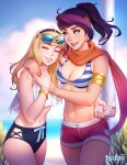 2girls arms_around_neck beach bikini bikini_top_only blonde_hair blue_eyes bow breasts cellphone closed_eyes fiora_(league_of_legends) highres hug league_of_legends leaning_on_person looking_at_another lux_(league_of_legends) medium_breasts midriff multiple_girls navel phone pool_party_fiora purple_hair shorts smile stomach swimsuit tank_top tsuaii 