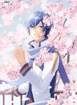  1boy blue_coat blue_eyes blue_hair blue_scarf branch cherry_blossoms coat flower hand_on_railing hand_up headset highres holding holding_flower kaito_(vocaloid) long_sleeves looking_at_viewer male_focus nail_polish nokuhashi outdoors petals railing scarf short_hair solo vocaloid 