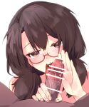  1boy 1girl bar_censor brown_eyes brown_hair censored fellatio glasses half-closed_eyes highres kawai_yade licking licking_penis looking_at_viewer low_twintails oral penis pov red-framed_eyewear semi-rimless_eyewear short_hair simple_background solo_focus tongue tongue_out touhou twintails under-rim_eyewear usami_sumireko white_background 