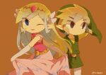  1boy 1girl artist_name back belt blonde_hair blue_eyes blush closed_mouth dress floating_hair full_body gloves jewelry link long_hair looking_up multicolored_hair multiple_persona necklace open_mouth pink_dress princess_zelda skirt_hold the_legend_of_zelda the_legend_of_zelda:_spirit_tracks the_legend_of_zelda:_the_wind_waker tiara tokuura toon_link toon_zelda 