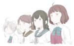  4girls asashimo_(kancolle) black_eyes black_hair blue_bow blue_bowtie blue_sailor_collar bow bowtie braid brown_eyes brown_hair brown_sailor_collar dated grey_eyes hair_between_eyes hair_over_one_eye isonami_(kancolle) kantai_collection kishinami_(kancolle) kusakasima multiple_girls ponytail sailor_collar school_uniform serafuku shikinami_(kancolle) shirt short_hair sidelocks signature simple_background twin_braids upper_body white_background white_shirt 