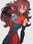  1girl android_21 black_sleeves blue_eyes breasts checkered_clothes checkered_dress closed_mouth detached_sleeves dragon_ball dragon_ball_fighterz dress earrings glasses grey_background hoop_earrings jewelry kemachiku long_hair medium_breasts pantyhose red_hair simple_background smile solo 