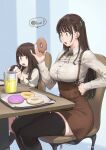 2girls absurdres artist_name black_thighhighs blue_background blush bow bowtie breasts brown_bow brown_bowtie brown_hair brown_skirt chair collared_shirt doughnut drink drinking_straw eating english_text eyelashes food hair_ornament hairclip hand_on_hip highres holding holding_food ice ice_cube jun_(seojh1029) large_breasts legs_together long_hair long_sleeves looking_at_another miniskirt multiple_girls open_mouth orange_eyes original shirt siblings signature simple_background sisters sitting skirt speech_bubble sprinkles straight_hair striped striped_background suspender_skirt suspenders table thighhighs thighs tray two-tone_background weibo_logo weibo_username white_shirt wing_collar zettai_ryouiki 