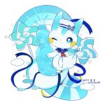  blue_eyes blue_ribbon bottle bright_pupils closed_mouth commentary_request dated hat hat_ribbon hatted_pokemon highres momoniku100 no_humans one_eye_closed pachirisu pokemon pokemon_(creature) ribbon solo star_(symbol) translation_request white_headwear white_pupils 