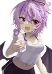  1girl :d akisome_hatsuka alternate_costume alternate_hairstyle bat_wings black_wings bottle bra breasts cowboy_shot fang holding holding_bottle looking_at_viewer medium_breasts navel open_mouth plastic_bottle pointy_ears purple_bra purple_hair red_eyes remilia_scarlet see-through short_hair simple_background smile solo standing touhou underwear white_background wings 