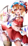  1girl absurdres blonde_hair contrapposto crystal flandre_scarlet fura_(wind_rahu) hat highres midriff mob_cap navel open_mouth red_eyes red_skirt simple_background skirt solo thighhighs touhou v white_background wings 