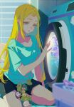  1girl black_shorts blonde_hair blue_eyes blue_shirt blurry blurry_foreground chinese_commentary commentary film_grain highres indoors jellyfish jieyangzia85627 kofune_ushio long_hair parted_lips rubber_duck shirt short_sleeves shorts sitting solo summertime_render washing_machine 