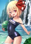  absurdres blonde_hair breasts fang food fruit hair_ribbon highres hijikawa_arashi holding holding_food holding_fruit name_tag one-piece_swimsuit red_eyes red_ribbon ribbon rumia school_swimsuit small_breasts solo swimsuit touhou water watermelon 
