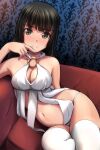  1girl absurdres bare_shoulders black_hair blush breasts brown_eyes cleavage closed_mouth couch dress highres looking_at_viewer matsunaga_kouyou medium_breasts navel o-ring on_couch original short_hair sitting smile solo thighhighs white_dress white_thighhighs 
