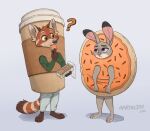  aaronjay_askal ailurid anthro beverage clothing coffee coffee_costume cookie cookie_costume costume daniel_xiao disney duo female food food_costume hi_res judy_hopps kigtoons lagomorph leporid male mammal rabbit red_panda tagme zootopia 