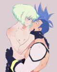  2boys androgynous blue_eyes blue_hair galo_thymos green_hair kukumomo lio_fotia looking_at_another male_focus mohawk multiple_boys nipples promare purple_eyes short_hair sidecut simple_background topless_male yaoi 