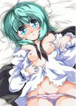  absurdres antennae bare_shoulders blue_eyes breasts cape green_hair highres lying marker_(medium) medium_breasts milkpanda nipples no_pants open_clothes open_shirt panties shirt solo striped striped_panties touhou traditional_media underwear wriggle_nightbug 