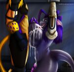 anthro bdsm bodily_fluids bondage bound breast_play breast_squish breasts cheetah cum cum_flow cum_on_breasts cybernetic_limb cyberpunk duo excessive_cum excessive_genital_fluids felid feline flaccid genital_fluids genitals gynomorph hi_res intersex intersex/male kneeling kobold licking male mammal nipple_fetish nipple_play oral penile penis penis_lick proxana_(mithrilfoxsheppard) ruanshi saliva scalie sex squish story story_at_source story_in_description titfuck tongue