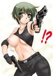  armpits bare_shoulders beretta_92 breasts dual_wielding ein_(phantom) elbow_pads fingerless_gloves gloves green_eyes green_hair gun handgun holding large_breasts no_bra pants phantom_of_inferno pistol requiem_for_the_phantom revolver sakura_ryuuken shirt_lift short_hair solo surprised tank_top wardrobe_malfunction weapon 