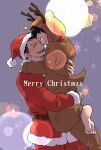  2boys ^_^ age_difference akitaru_oubi animal_costume antlers barefoot black_hair carrying carrying_person closed_eyes commentary_request deer_antlers deer_costume deer_tail en'en_no_shouboutai english_text flare foot_out_of_frame hand_on_another's_shoulder hat highres horns male_focus merry_christmas multiple_boys mzkenen onii-shota santa_costume santa_hat sharp_teeth shinra_kusakabe short_hair signature smile snowflakes tail teeth undercut yaoi 