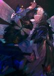  1boy absurdres arthropod_boy asymmetrical_arms blue_butterfly blue_eyes bug butterfly butterfly_on_hand cape collared_shirt diamond_hairband dragonfly dragonfly_wings falling fate/grand_order fate_(series) floating_hair fur-trimmed_cape fur_trim grey_hair highres insect_wings light_(nightty45) long_sleeves male_focus medium_hair oberon_(fate) oberon_(third_ascension)_(fate) orange_butterfly parted_lips red_butterfly shirt solo white_butterfly white_shirt wings yellow_butterfly 