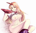  alcohol bad_id bad_pixiv_id blonde_hair bottomless breasts cup fang foro_(planet_cage) horn hoshiguma_yuugi large_breasts long_hair red_eyes sakazuki sake solo touhou undressing 