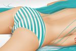  2009 acerbi aqua_hair ass ass_focus back close-up hand_in_panties hatsune_miku long_hair lying masturbation nail_polish on_stomach panties pussy_juice pussy_juice_stain signature solo striped striped_panties tattoo topless underwear very_long_hair vocaloid wet wet_clothes wet_panties 
