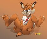  anus balls blue_eyes bobcat bottomless bubsy bubsy_(series) butt claws clothed clothing feet felid feline foreskin fur half-closed_eyes humanoid_penis looking_at_viewer lynx male mammal penis s-o-husky shirt short_tail smile smirk solo teeth uncut video_games 