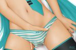  2009 acerbi aqua_hair bow bow_panties close-up hand_in_panties hands hatsune_miku long_hair masturbation nail_polish navel necktie panties pussy_juice pussy_juice_stain see-through signature solo striped striped_panties thighhighs underwear very_long_hair vocaloid wet wet_clothes wet_panties white_nails 