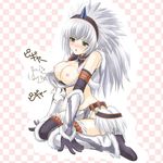  armor bad_id bad_pixiv_id blush breasts cleavage gloves green_eyes hairband horn khezu kirin_(armor) kneeling large_breasts long_hair monster_hunter nipples riolabo thighhighs white_hair 